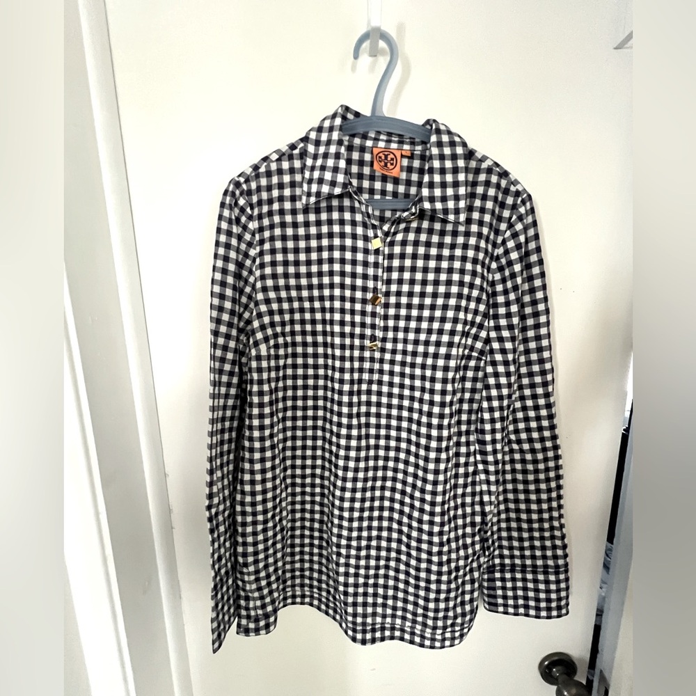 Tory Burch Navy and White Gingham Check Tunic Size 6